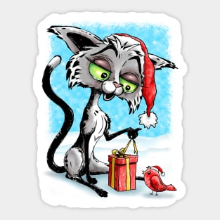 Happy Cat and Bird with Christmas Gift Sticker